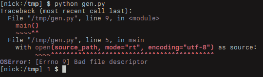 Screenshot of a Python stack trace. This is the same error message from the previous section, despite being significantly harder to read on some displays.