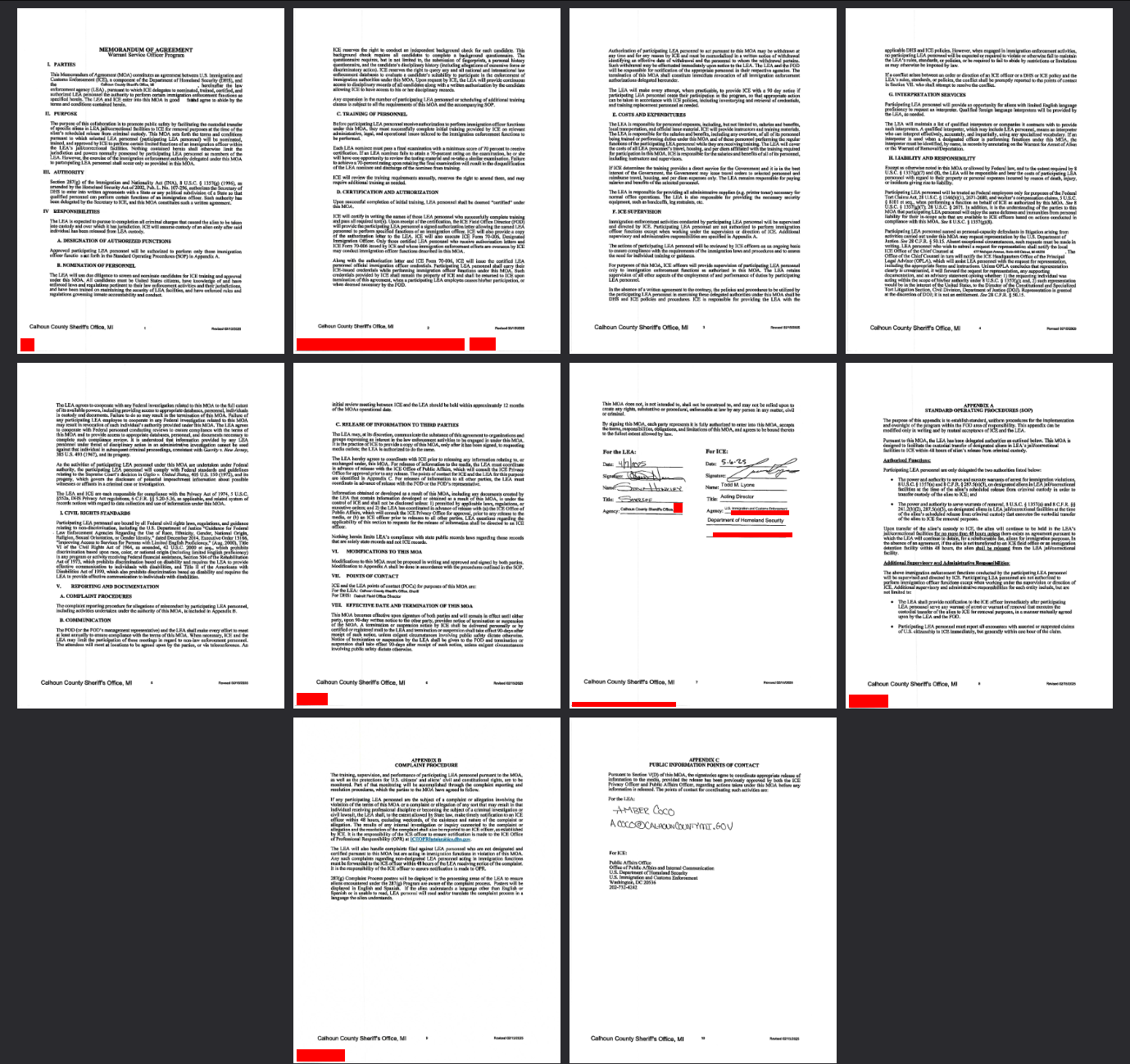 Screenshot of several pages of a PDF with red rectangles illustrating where fillable text fields are.
