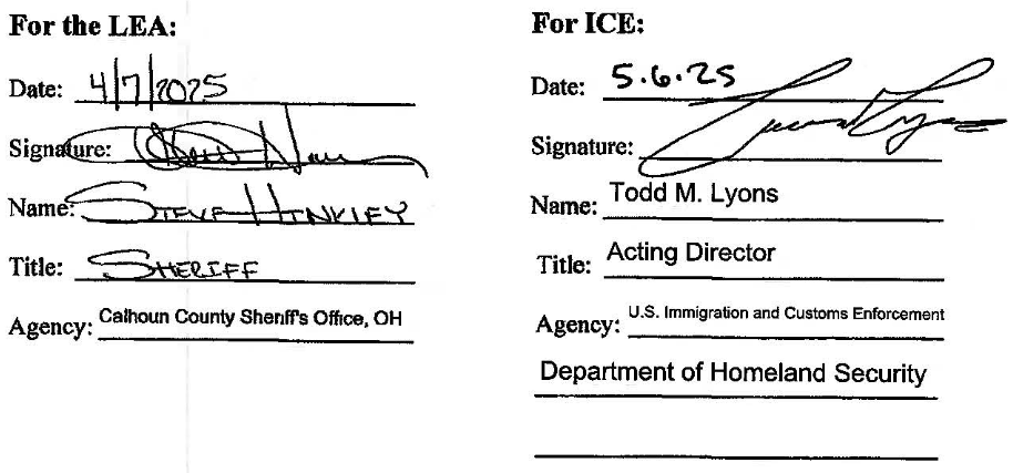 Screenshot of the same scanned signature block, with the fillable text fields missing, uncovering the incorrect 'OH'.